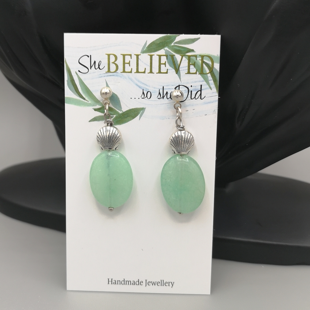 Pewter Sea Shell and Natural Green Stone Handmade Earrings